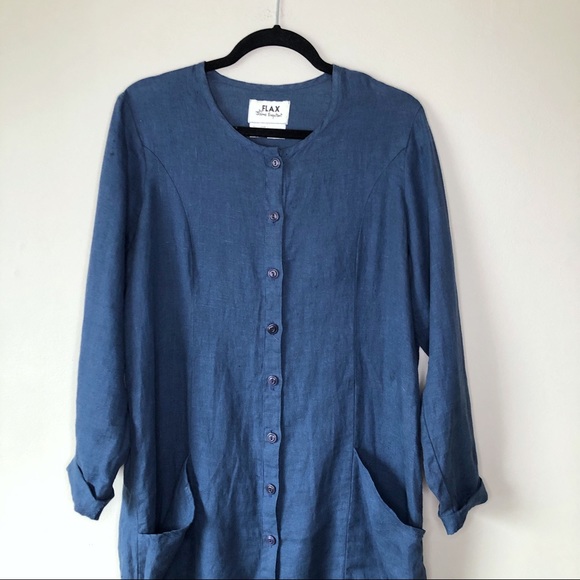 FLAX linen maxi button up dress long sleeve S blue - Picture 2 of 9